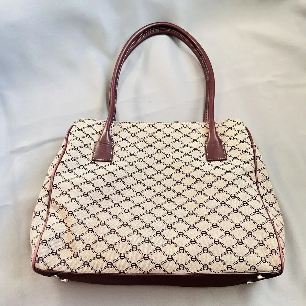Vintage Etienne Aigner Logo Cotton Leather Travel Tote Bag Double Pocket Satchel